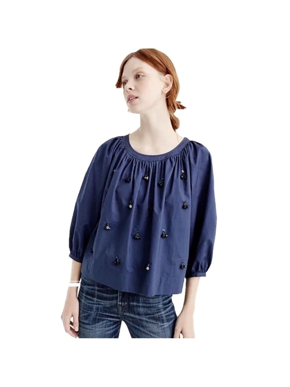 J. Crew Perfect Embellished Top blue 3/4 sleeve beaded puffed sleeves size S